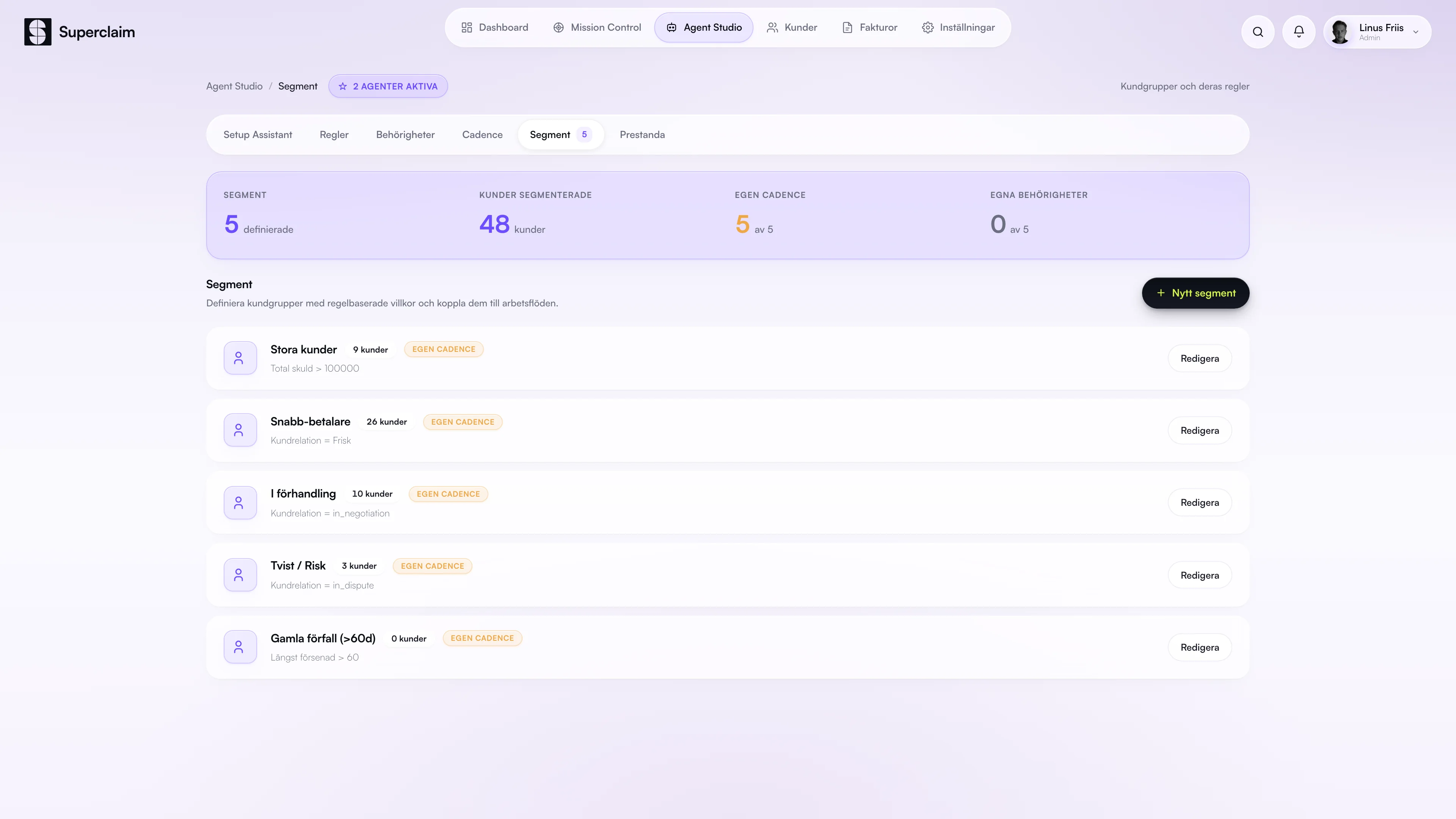 Superclaim Agent Studio — Collections och Conversations Agent aktiva