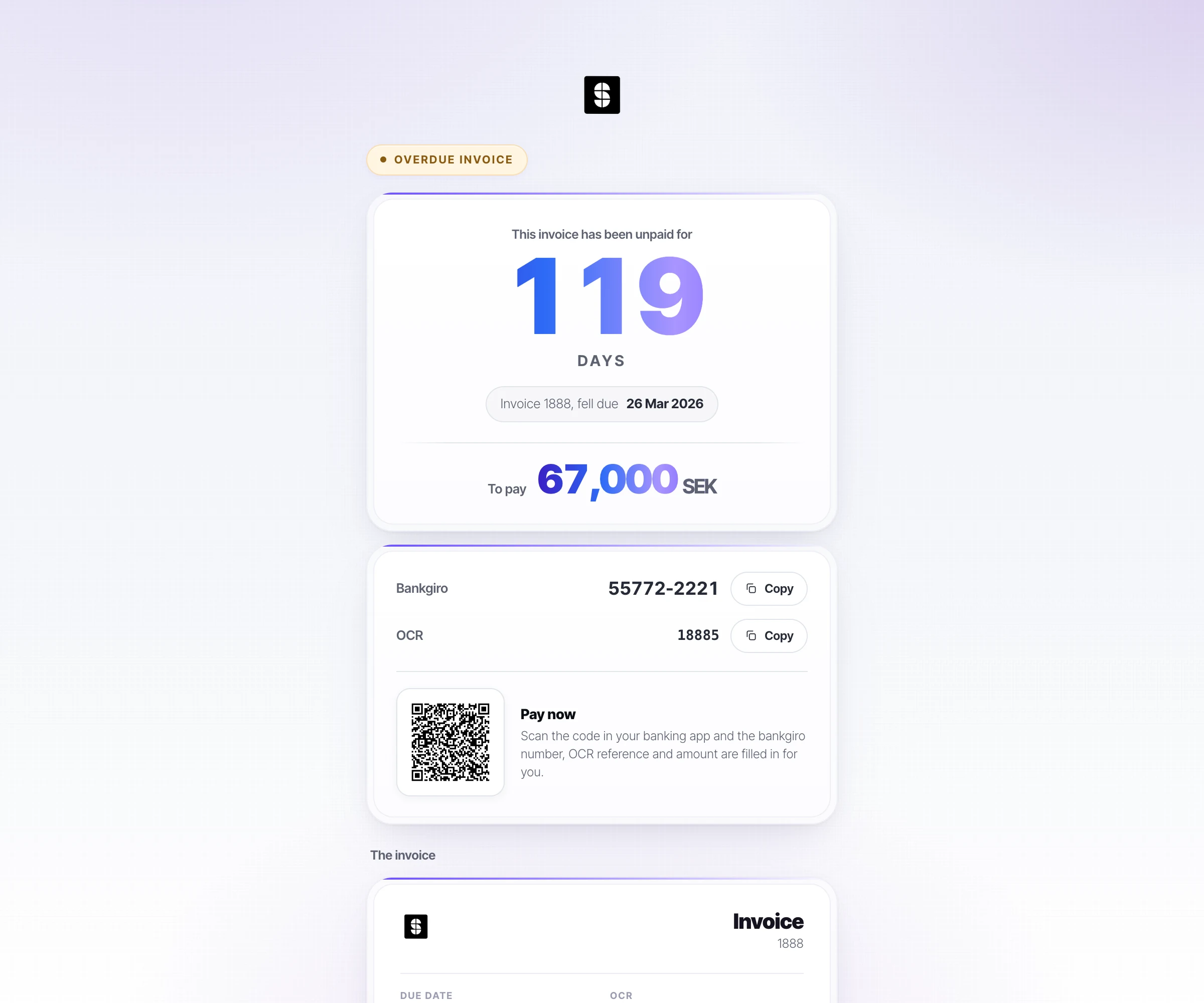 The payment portal as the debtor sees it: 86 days unpaid, 92,000 kr to pay, bank details with copy buttons, and a QR code for the banking app.
